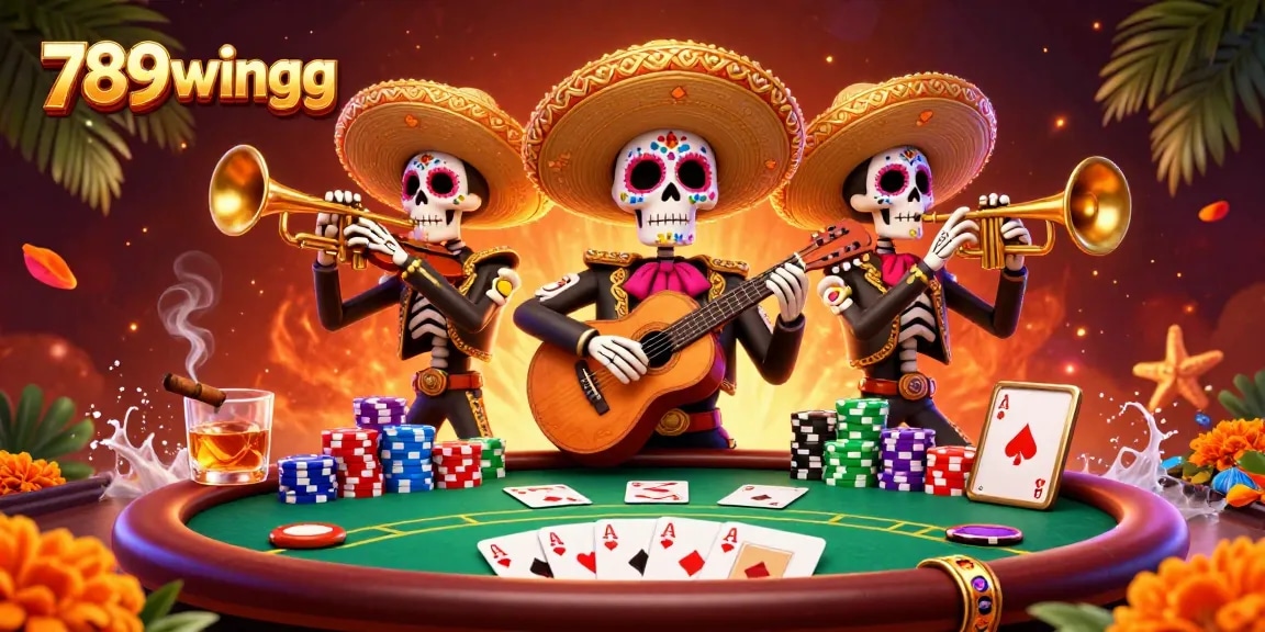 Win big with 789wingg's exciting poker scene and vibrant mariachi band illustration.