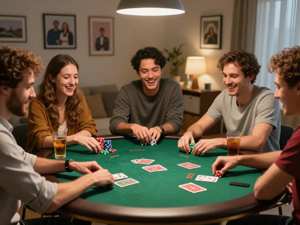 Friends enjoying a lively poker night at home while using MK8 for strategy and fun.