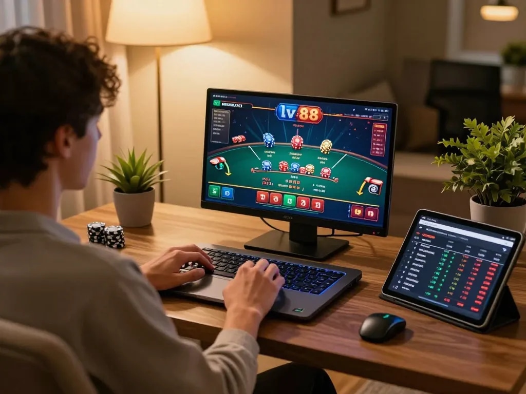 Online gaming session featuring lv 88 interface on a laptop showcasing blackjack strategy.