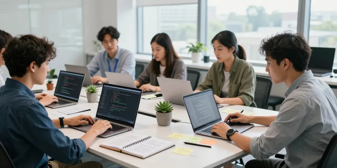 Developers collaborating to build internal tools with AI in a modern office setting