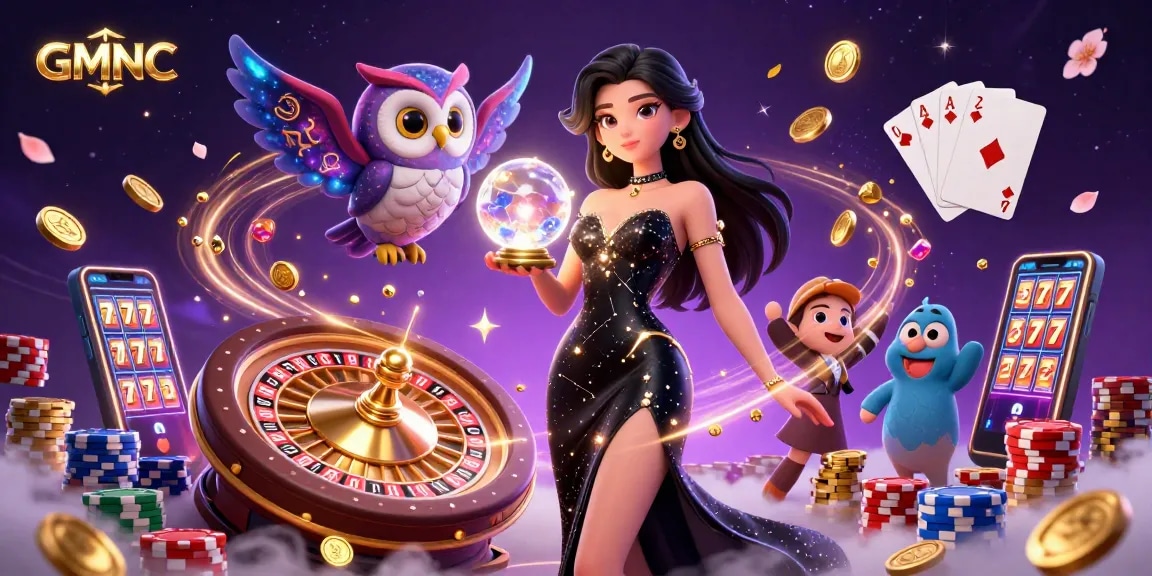 Bet on GMNC's mystical slots with a captivating illustration of a woman in a black gown and glowing crystal ball.