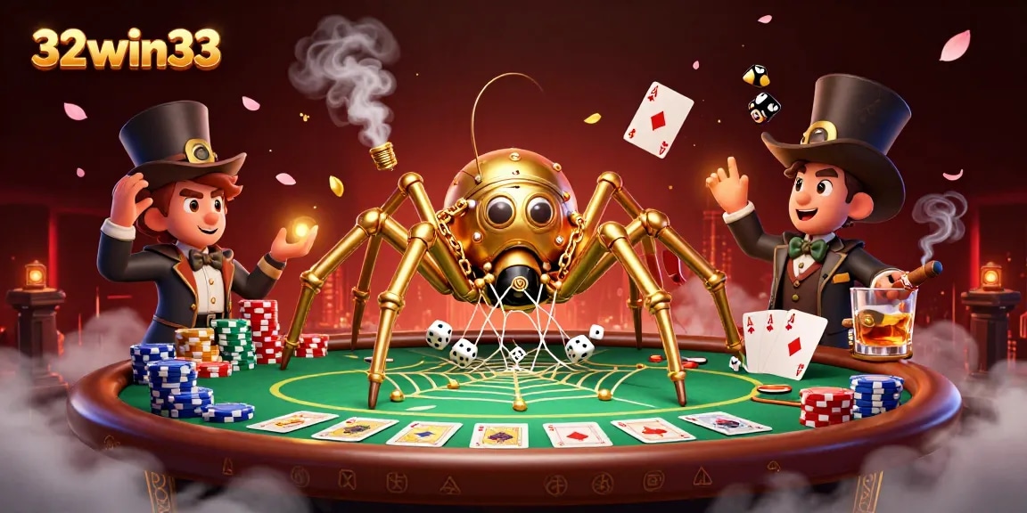 Engage with thrilling gaming at 32win33 as a golden spider catches dice in an intricate web of luck.