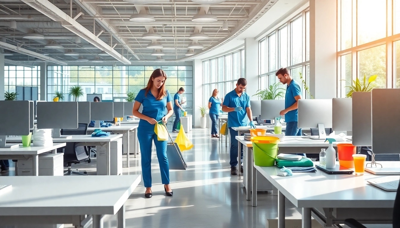 Büroreinigung Berlin: Professionelle Reinigungskräfte im modernen Büro mit glänzenden Oberflächen.