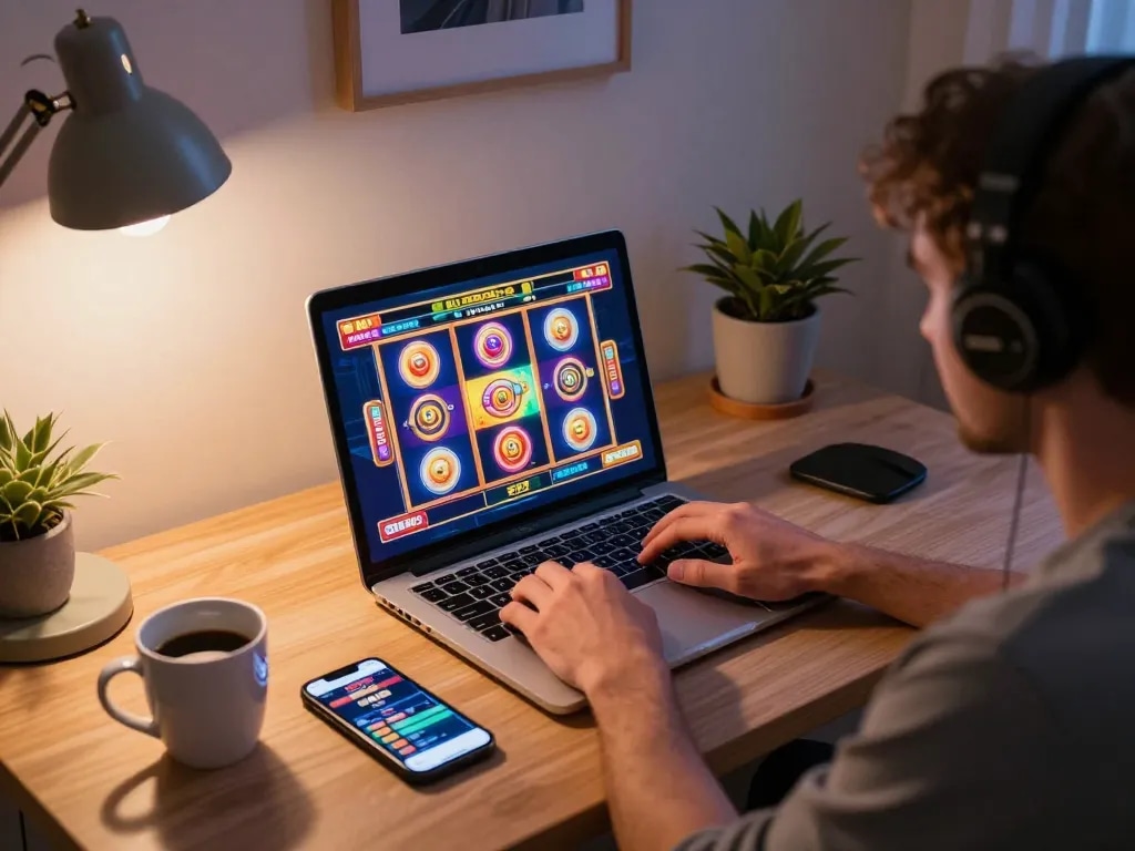 Player engaging with 11win online slots on laptop, showcasing focus and excitement in home environment