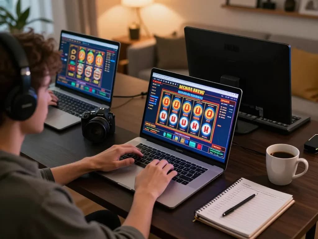 Player engaging with cm88 online slots, displaying excitement and strategy in a cozy gaming setup