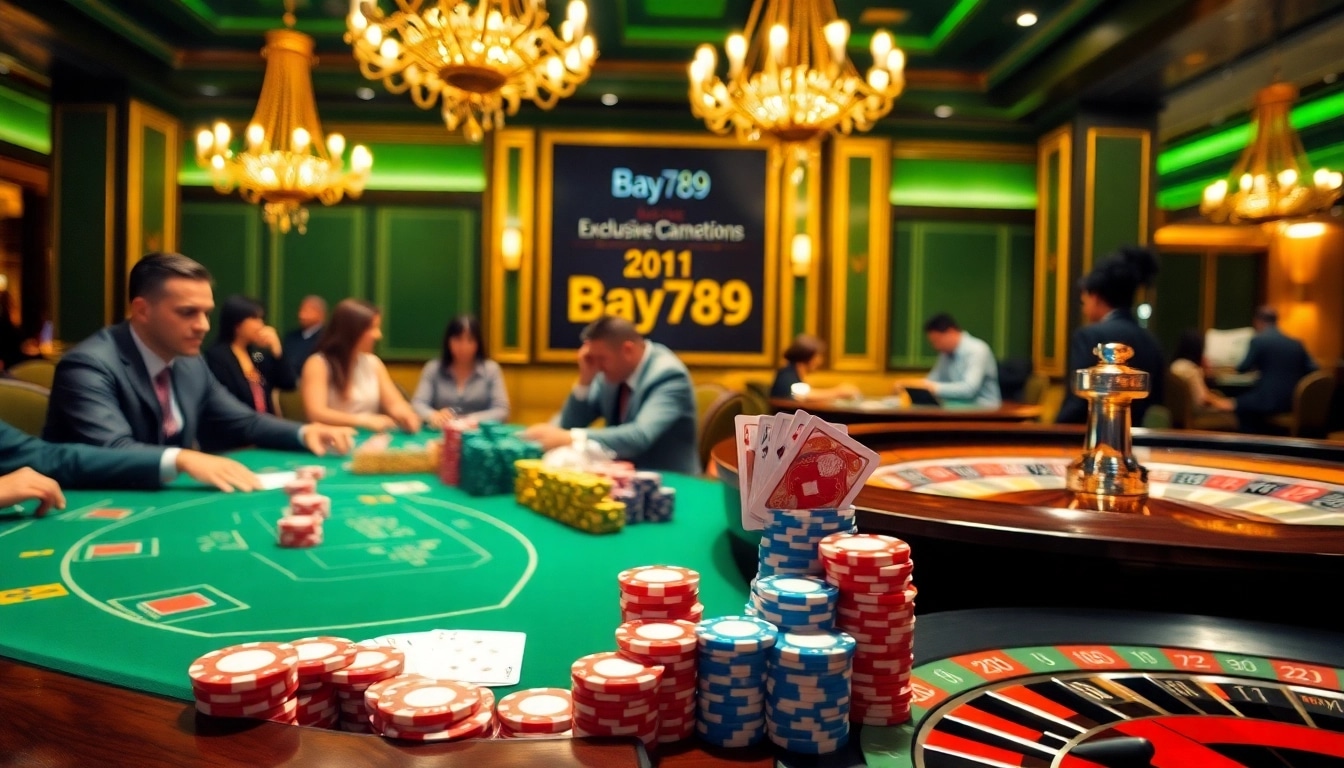 Players engaging in poker at Bay789, surrounded by vibrant casino decor and betting chips.
