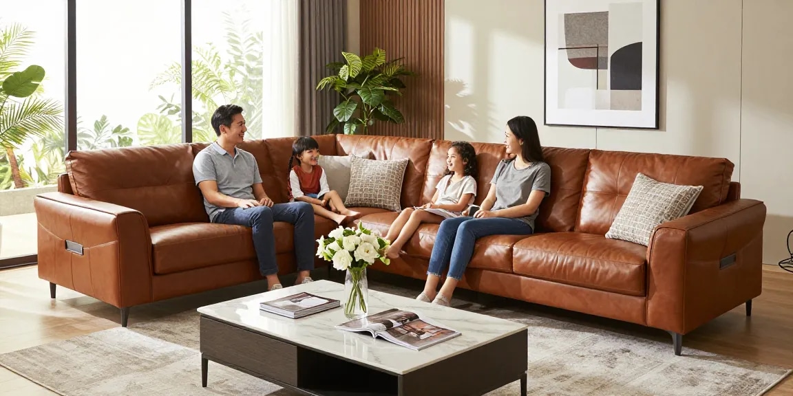Baxter Ledersofa Preis in einem gemütlichen Wohnzimmer, in dem die Familie quality time genießt.