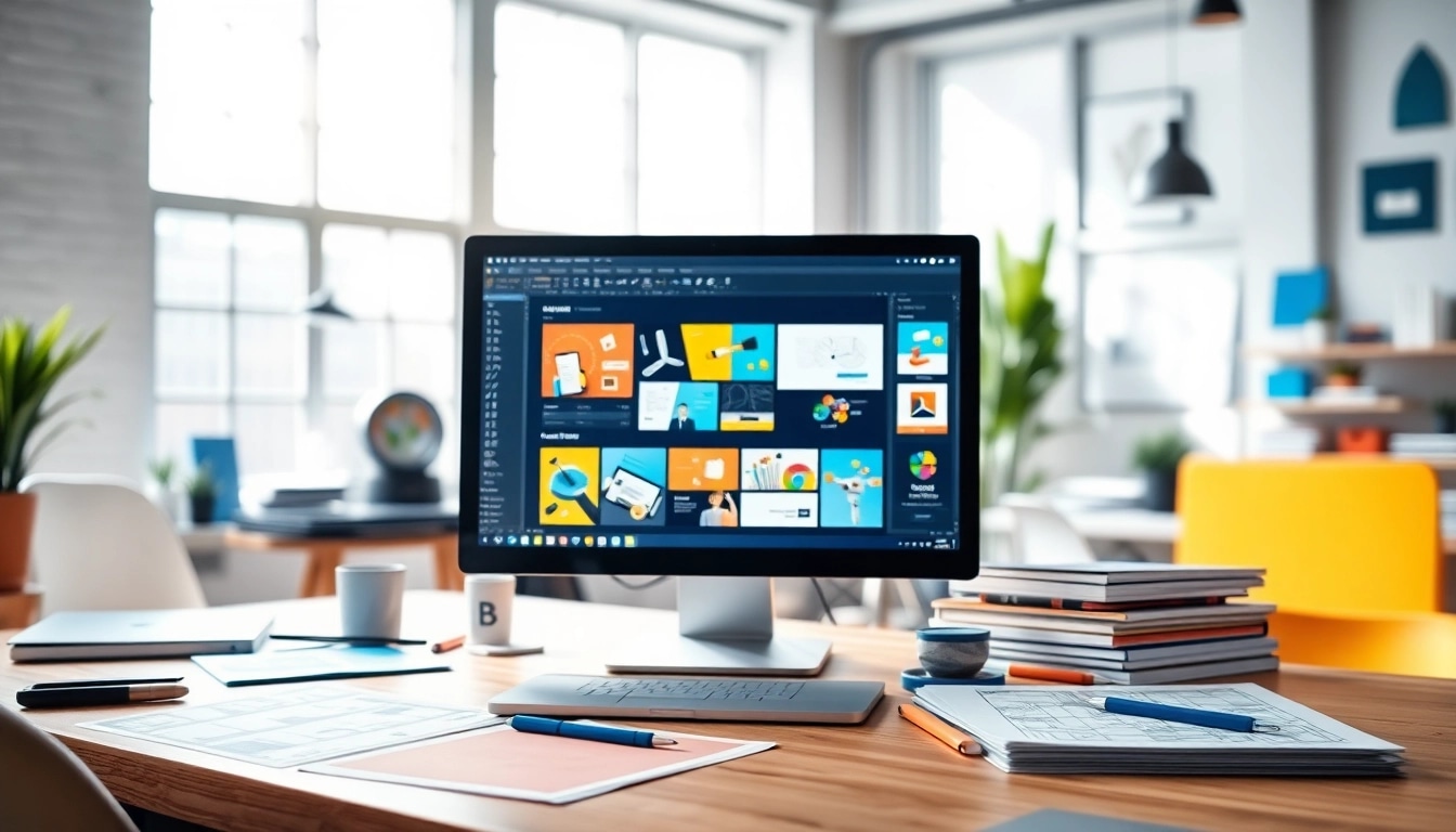 Medialen selbst gestalten: Kreatives Design-Arbeitsplatz mit bunten Medien und Tools.