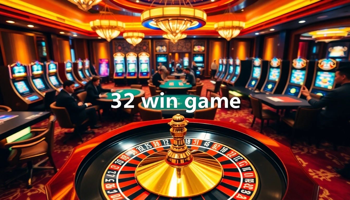 Experience the thrill of a 32 win game at a lavish casino with vibrant tables and engaging players.
