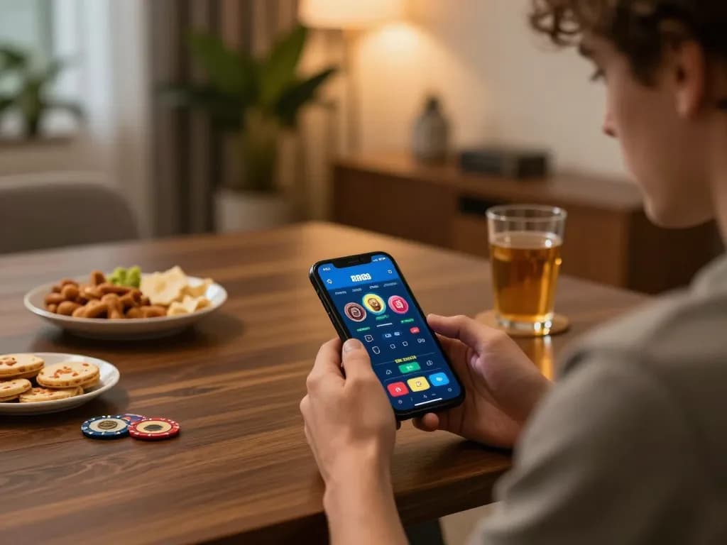Engaging player using the RR88 app on smartphone, enjoying a cozy home gaming experience.