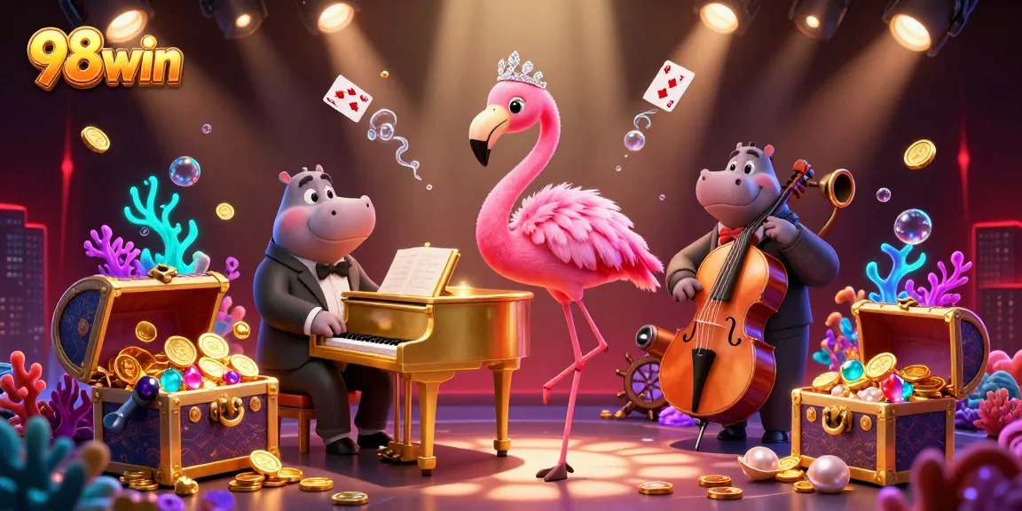 Experience joyous gaming at 98win with a lively flamingo singer and hippo bassist amidst vibrant casino elements.
