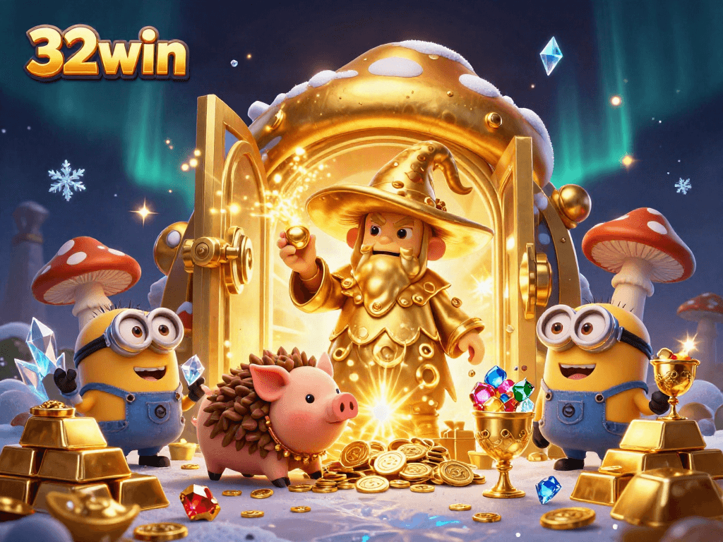 Experience the magic of 32win as the golden mushroom wizard conjures treasures in this vibrant scene.