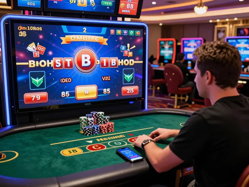 Thrilling luck8 online casino experience with player at baccarat game and vibrant gaming setup.