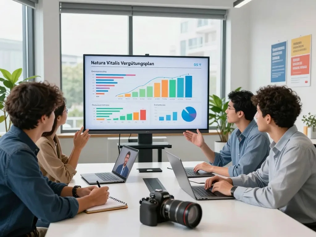 Natura Vitalis Vergütungsplan presented in a professional workspace featuring diverse team collaboration and modern technology.