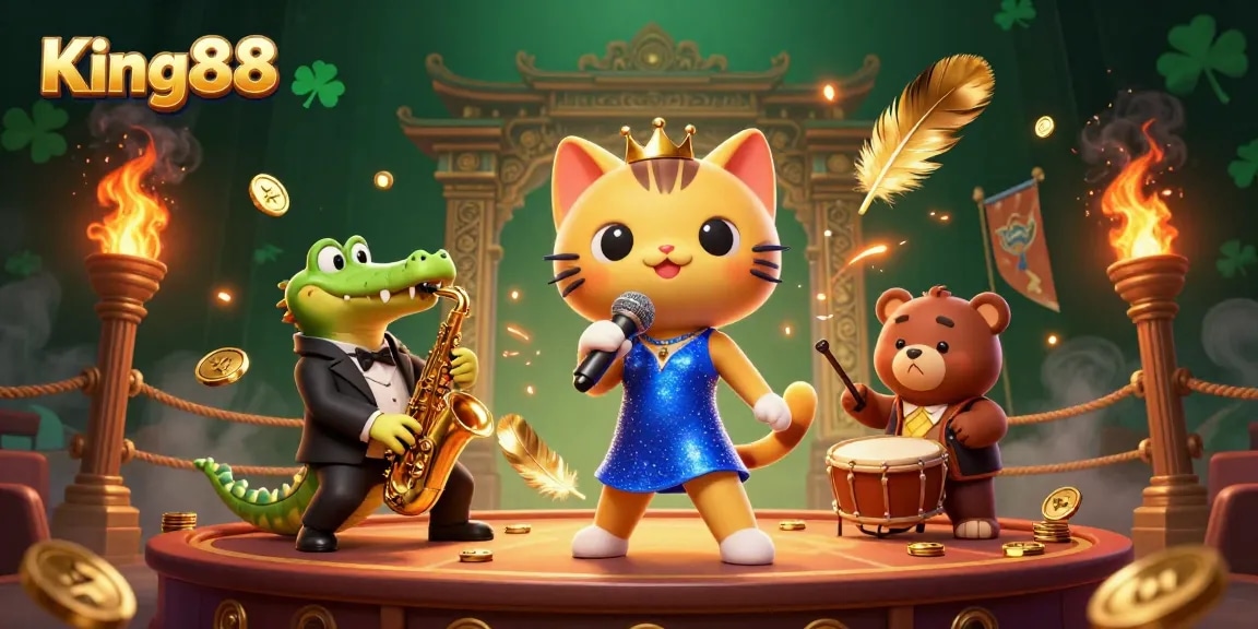 King88 showcases a vibrant casino scene with a jazz-singer cat, a saxophone crocodile, and a drum-playing bear, celebrating gaming.