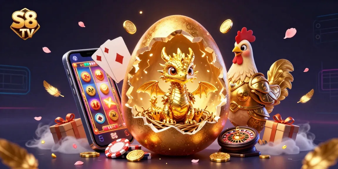 S8 TV: Enjoy vibrant poker chip scenes with a golden dragon and exciting slot games.