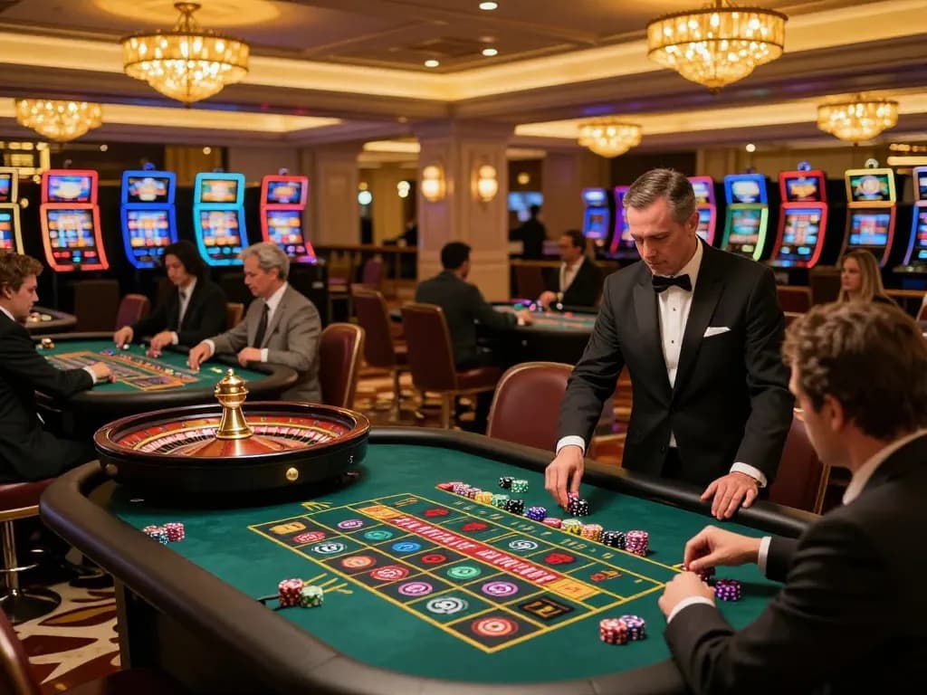 Players placing bets at MMOO's luxurious Roulette tables, capturing the excitement of the game.