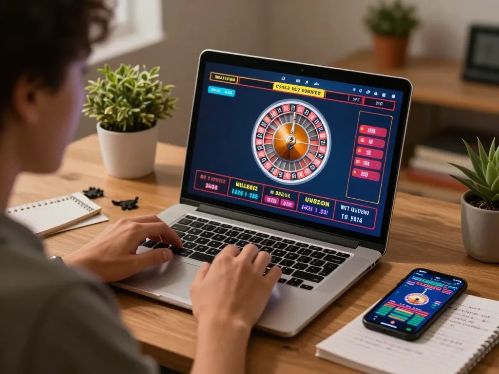 cm88 player placing bets on online roulette from cozy home setup with strategy notes.