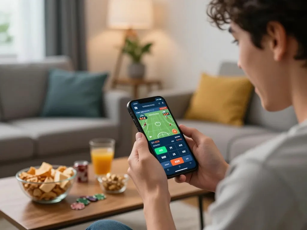 Miso88 sports betting excitement with user engaged on mobile app, showcasing a vibrant home atmosphere.