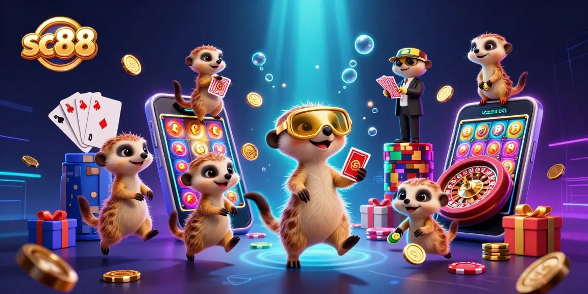 Experience excitement at sc88 with cartoon meerkats managing a lively casino operation, showcasing games and fun.