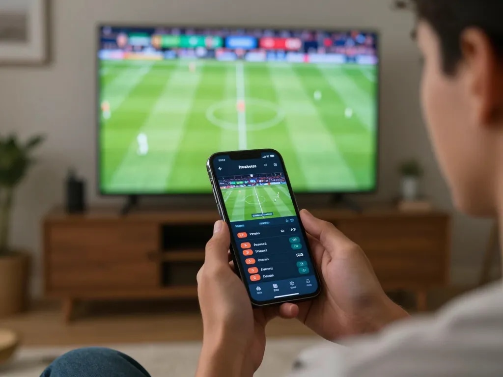 Socolive user engaging with sports betting app while watching live soccer match on screen