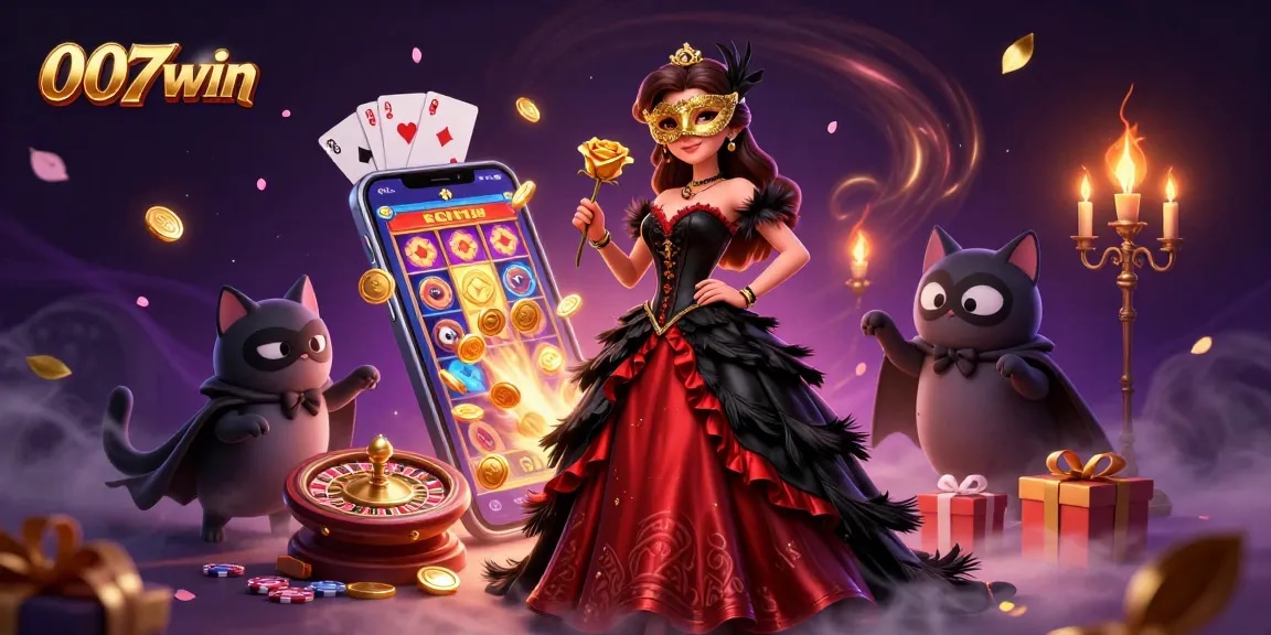 Engage with 007win’s thrilling games featuring a glamorous lady in a striking gown, surrounded by vibrant casino elements.