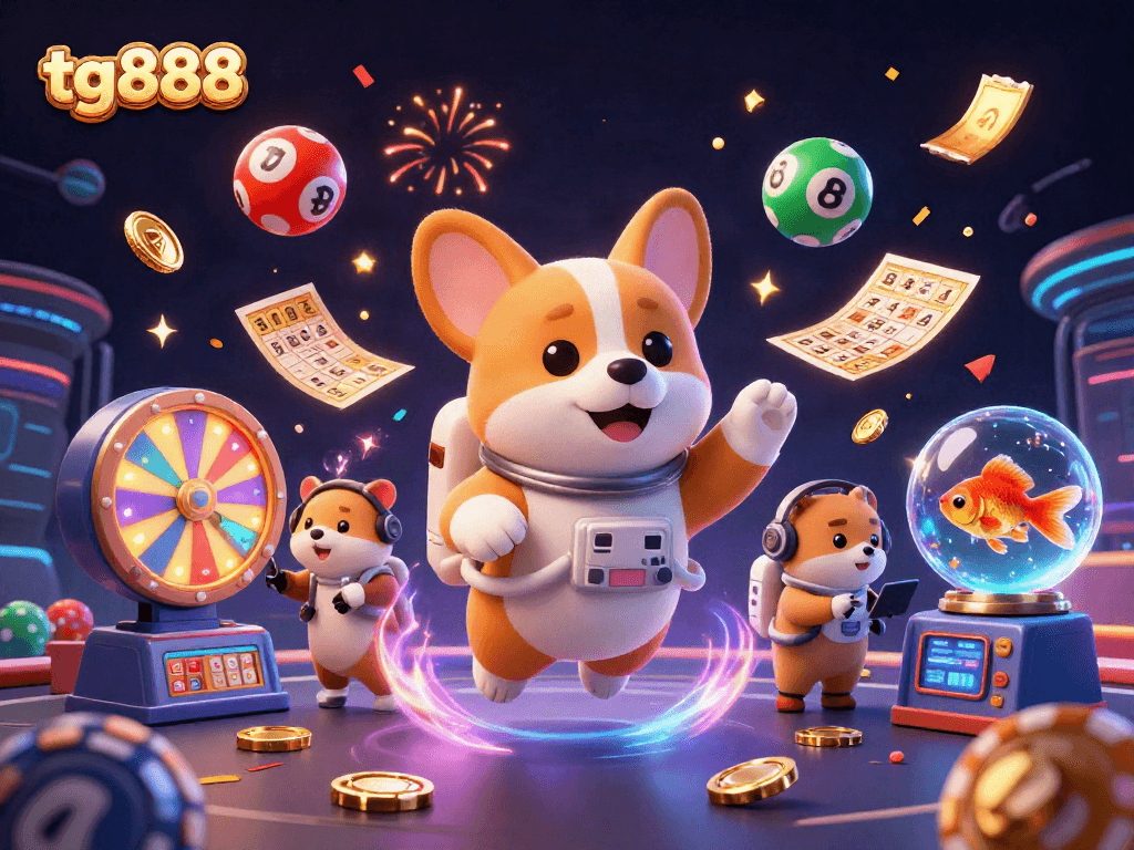 Experience the excitement of tg888 in a vibrant, dynamic casino scene with playful elements and characters.