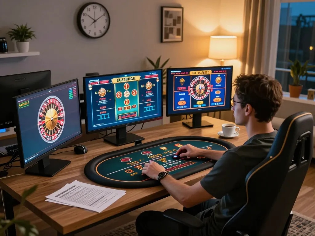 Player enjoying GO8 online gaming experience with multiple casino games displayed on screens