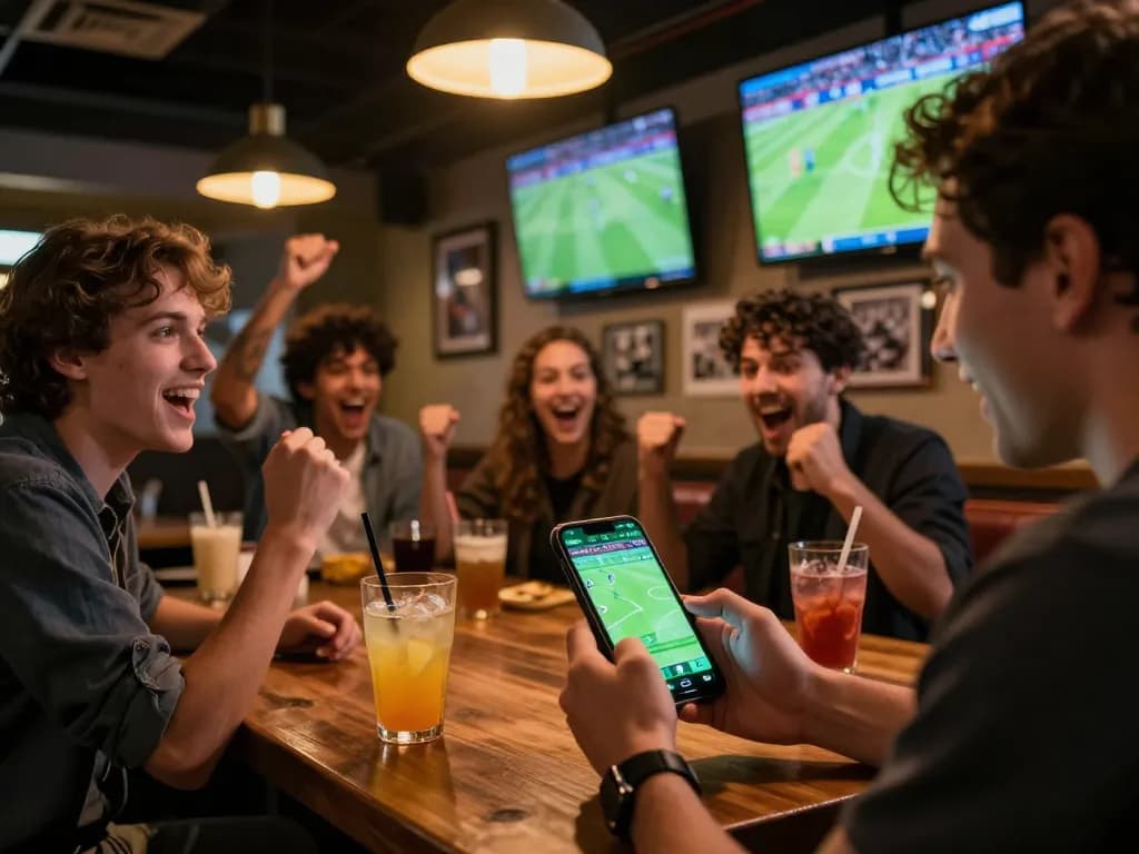 Engaged gambler using smartphone for best soccer betting over live match predictions in dynamic sports bar.