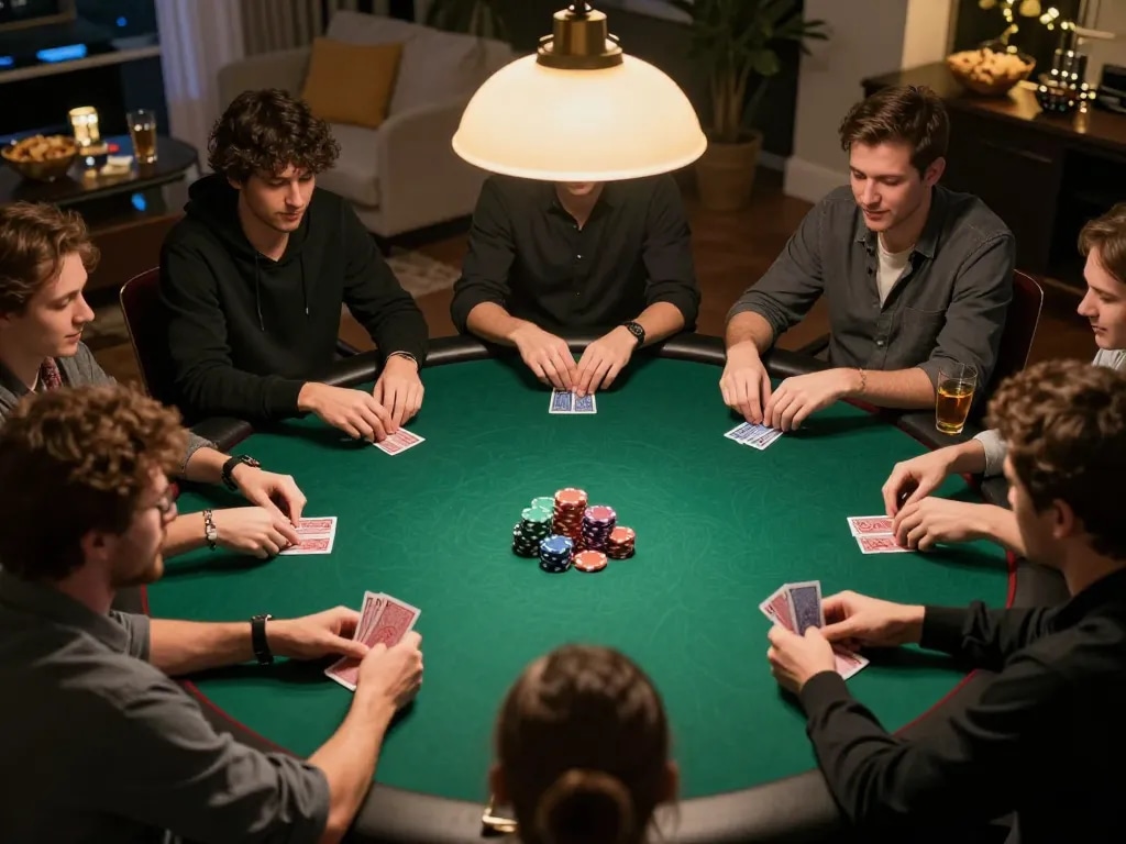 Man88 players enjoying an exciting online poker game in a cozy home setting with friends.