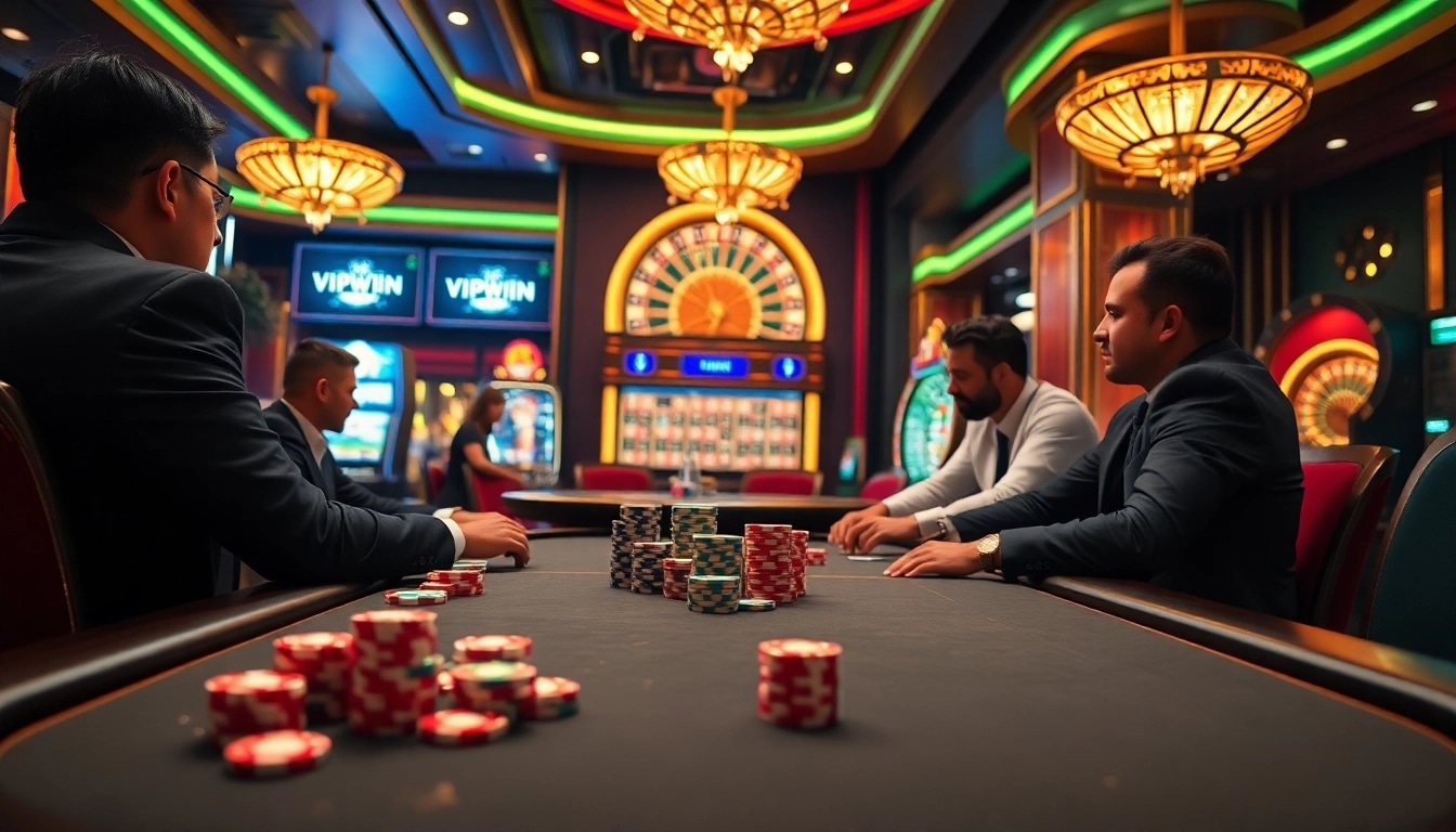 Players enjoying poker at a luxurious casino, showcasing an exciting vipwin experience.