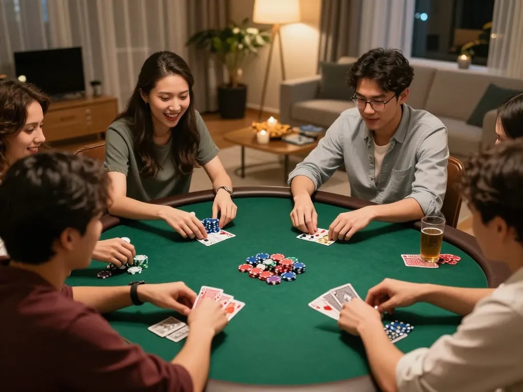 Friends enjoy a competitive poker night at home, showcasing sc88 gaming atmosphere.