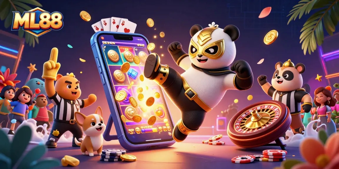 Experience the excitement of ML88 with a dynamic 3D illustration featuring animated casino elements.