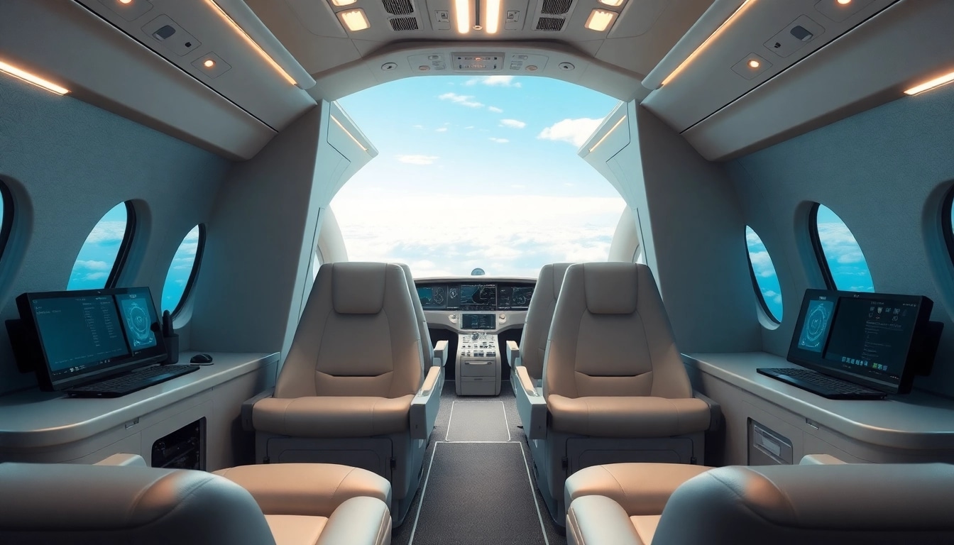 Innenräume für den Luft- und Raumfahrtsektor mit modernem Design und futuristischen Elementen.