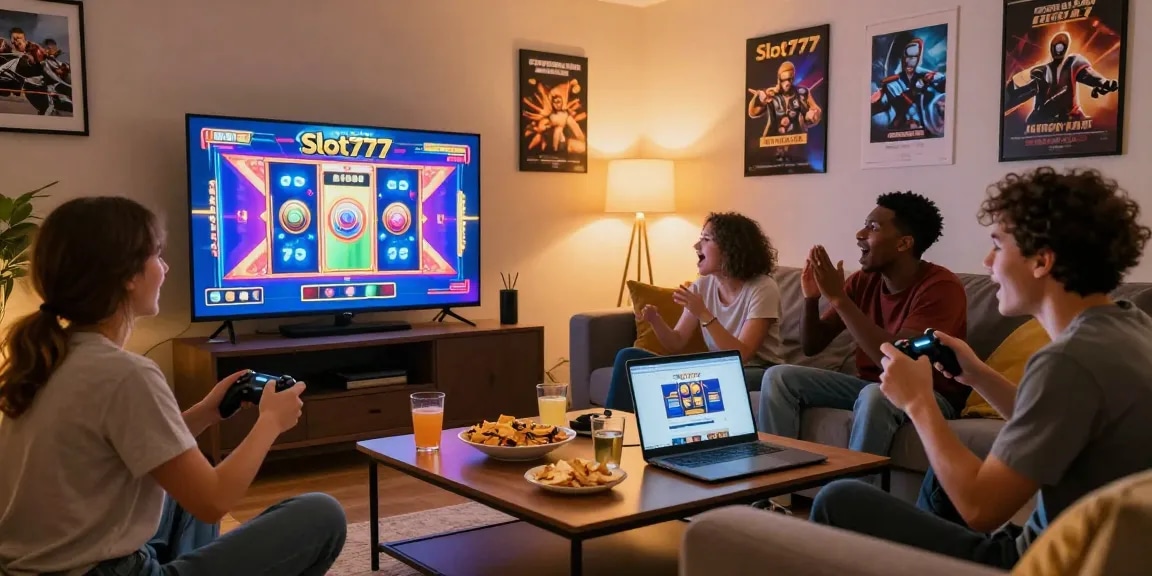 Permainan Slot777 online di ruang tamu yang nyaman dengan teman-teman bersenang-senang.