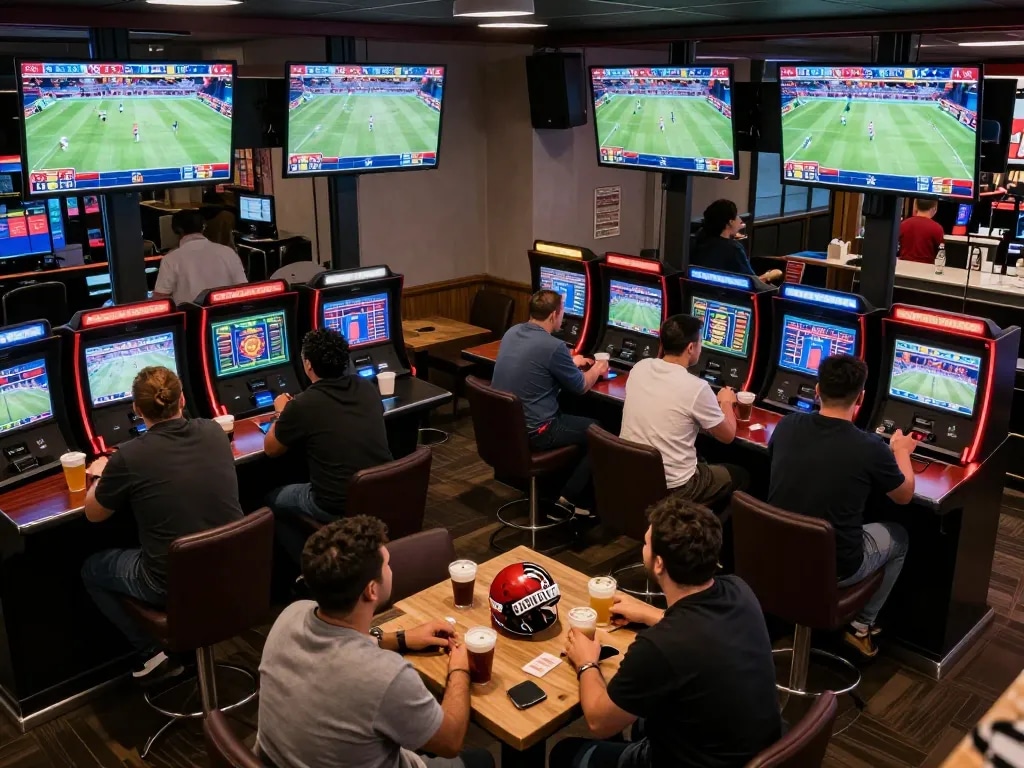 Excited patrons engaging in sports betting at a chic venue, showcasing modern da88 gaming technology.