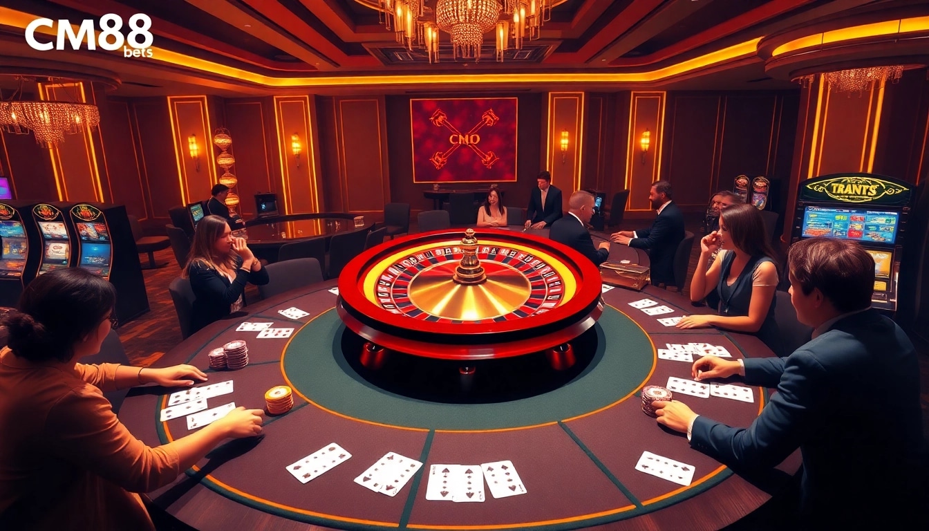Enjoying thrilling gameplay at CM88 with a vibrant roulette wheel and poker tables.
