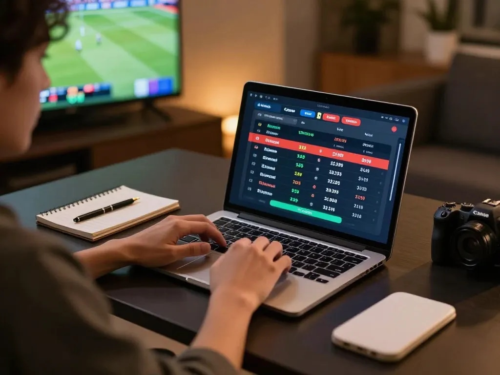 TOPBET sports betting action on a laptop, showcasing live game odds and excitement.