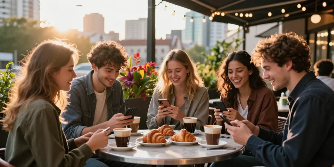 Friends enjoying coffee at sunset in an urban café, rokok88 lifestyle moment.