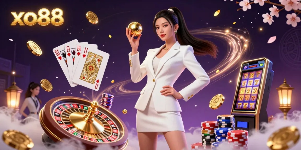 Experience the thrill of xo88 casino with a confident woman engaging with roulette and dynamic casino elements.