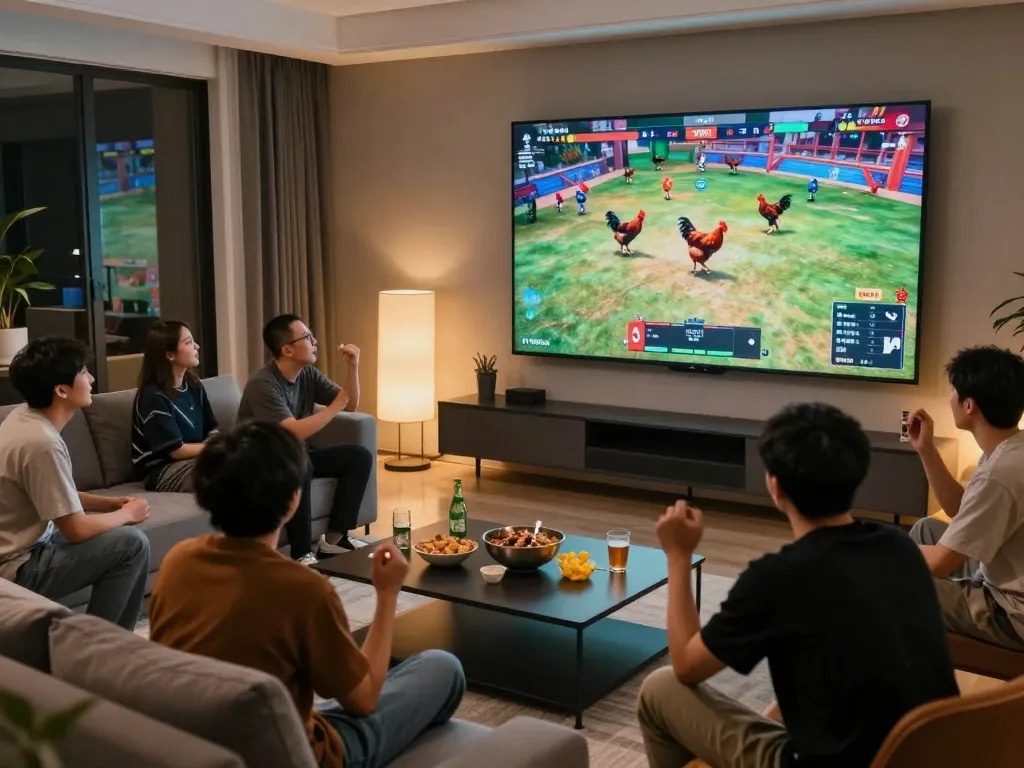 Watch exciting dagatructiepp live chicken fights on a big screen in a cozy living room.