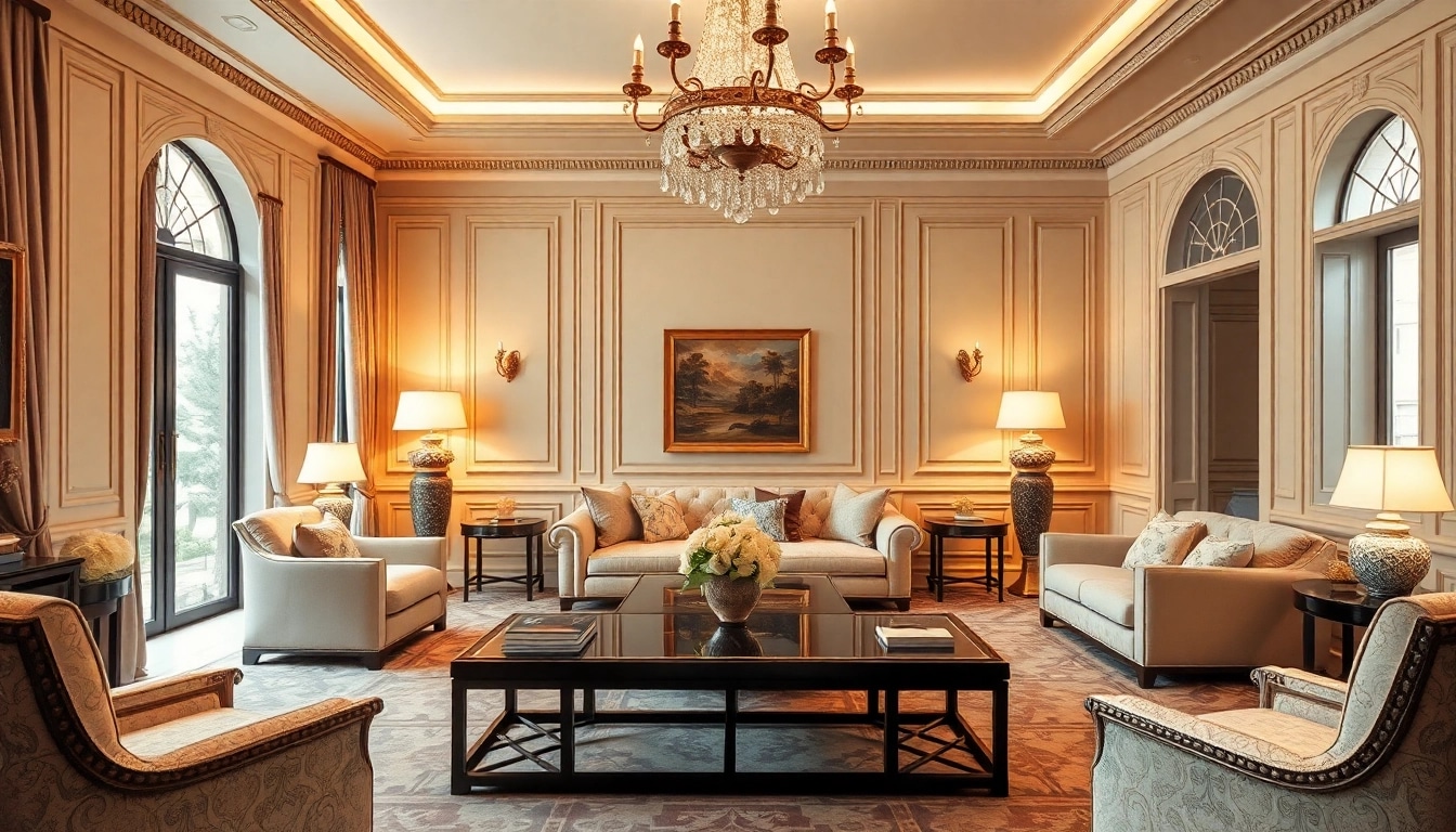 Luxury living room with elegant furniture and warm lighting that exudes comfort and sophistication.