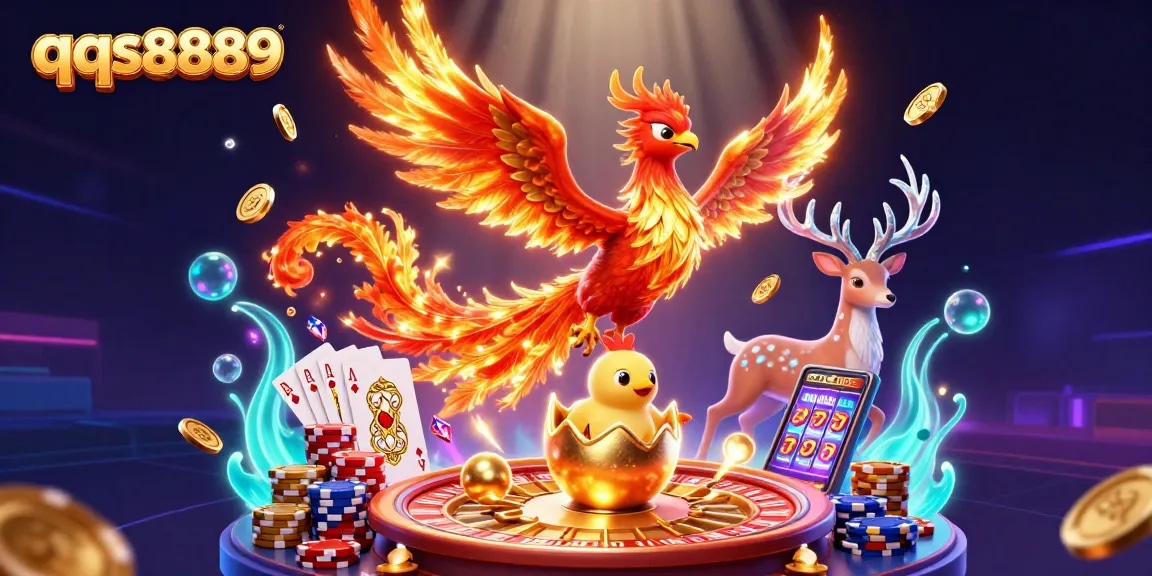 Engage with the vibrant qqs8889 scene featuring a fire phoenix and rich casino elements like slot reels and roulette.