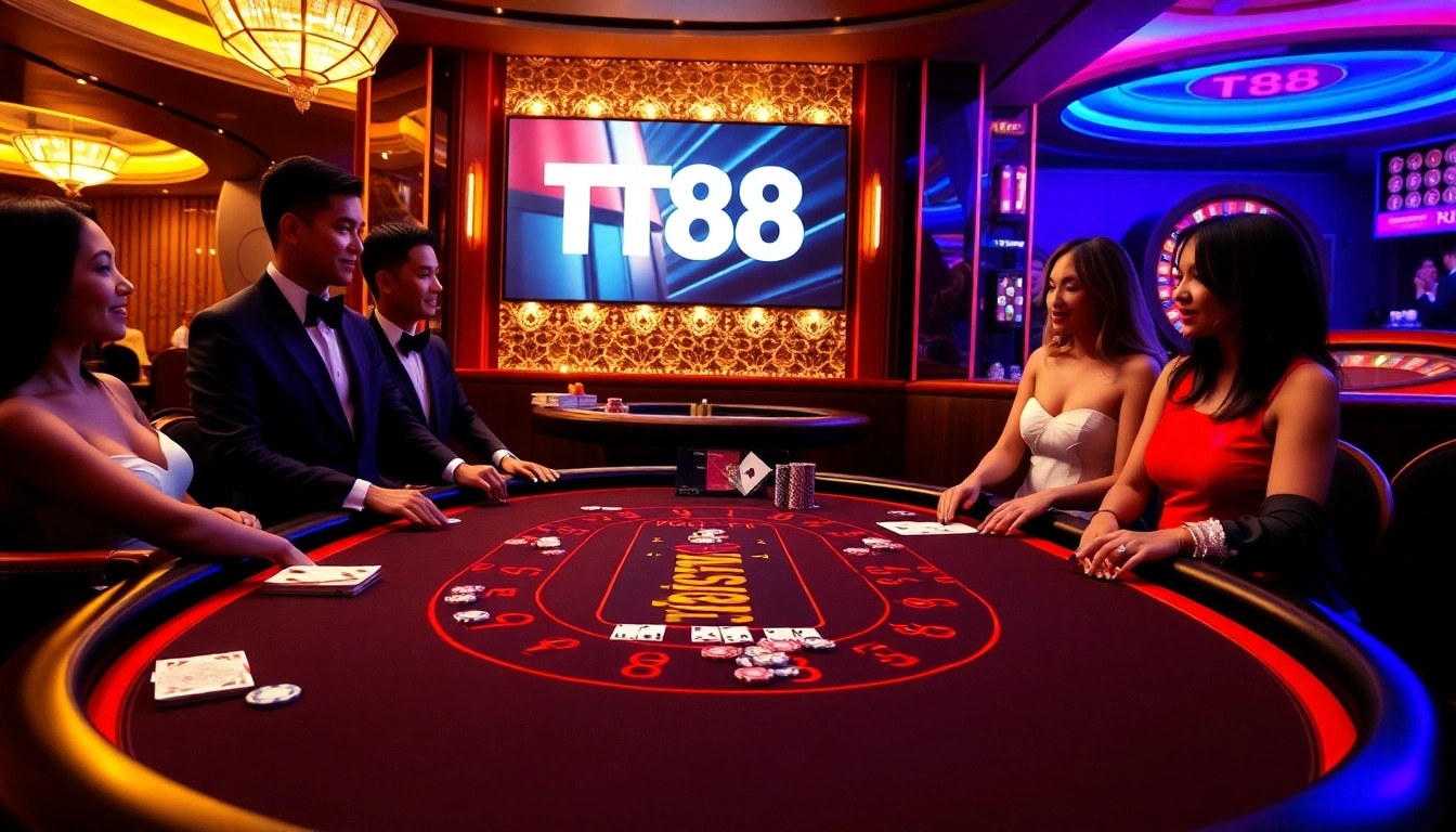 Experience the thrill of TT88 in a luxurious casino environment featuring blackjack, poker chips, and elegance.