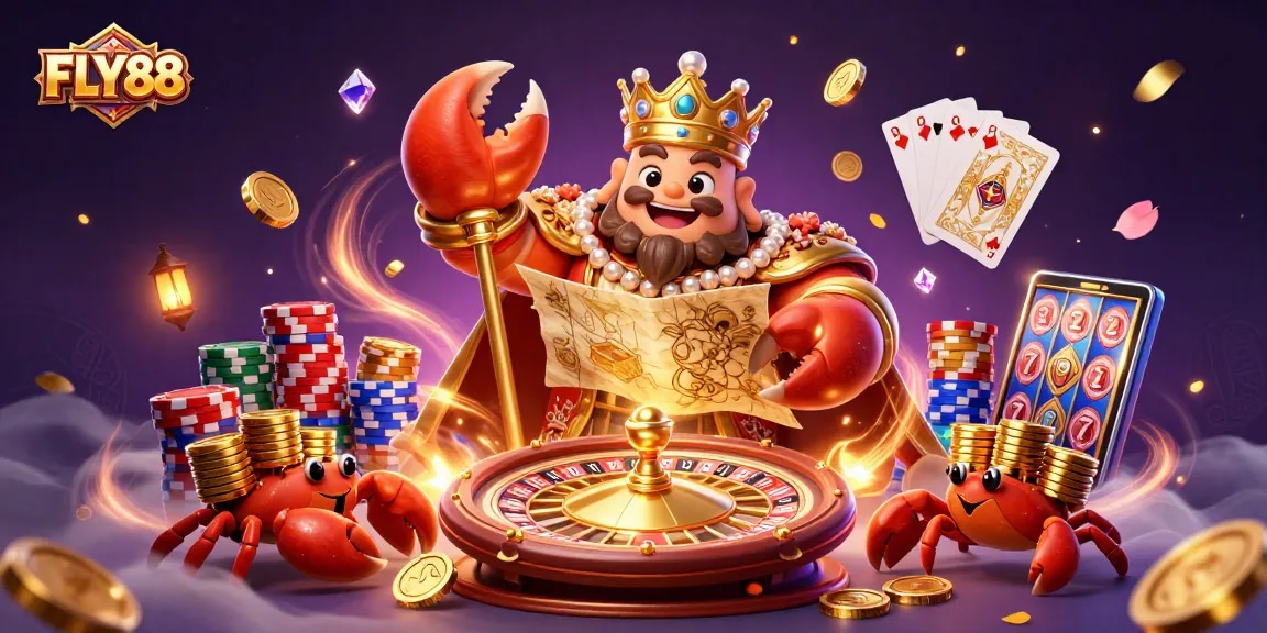 FLY88 showcases a golden crab emperor amidst cascading coins and poker elements in an exciting casino environment.