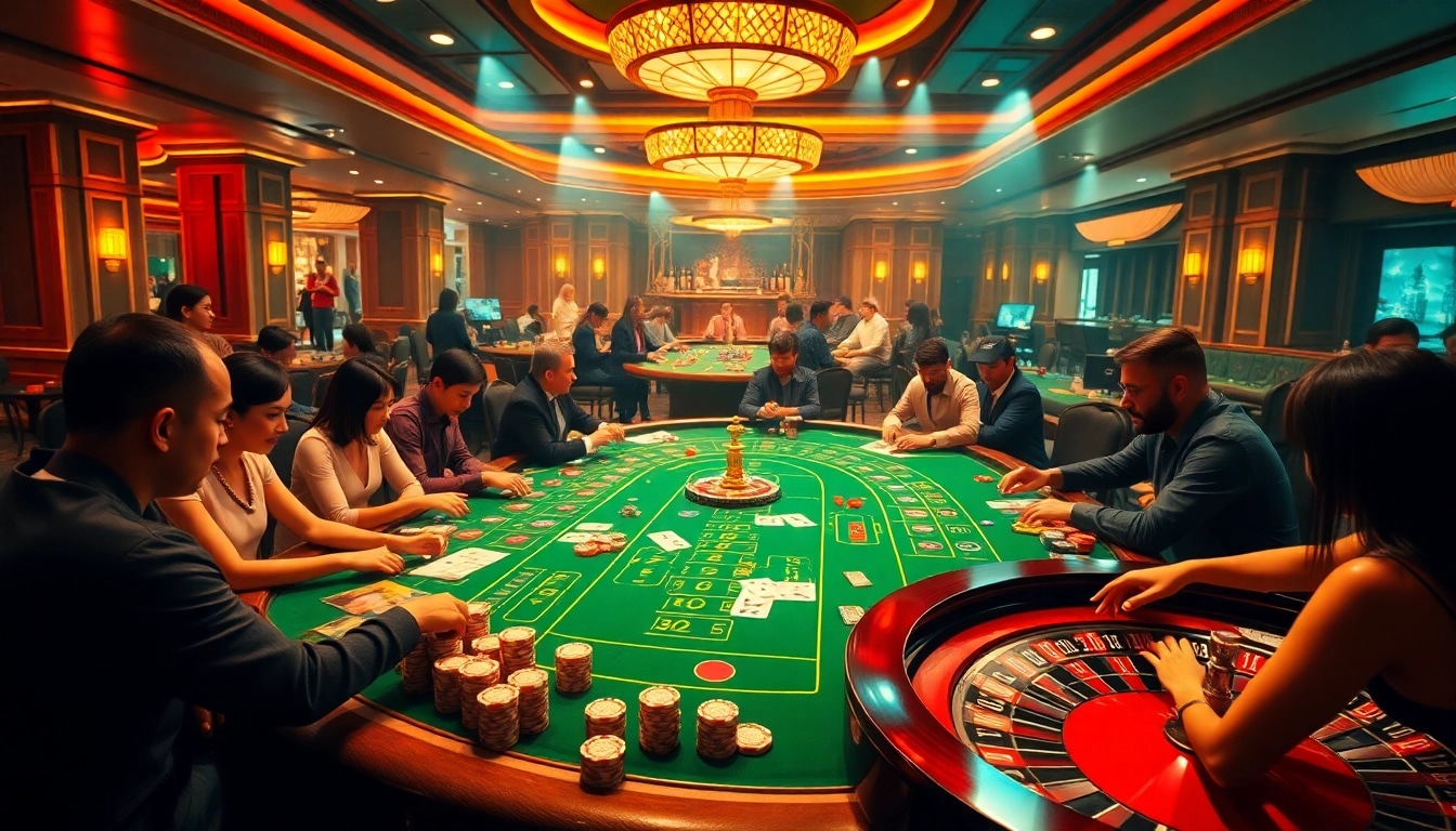 Xin88 casino scene with vibrant tables, chips, and players enjoying high-energy games.