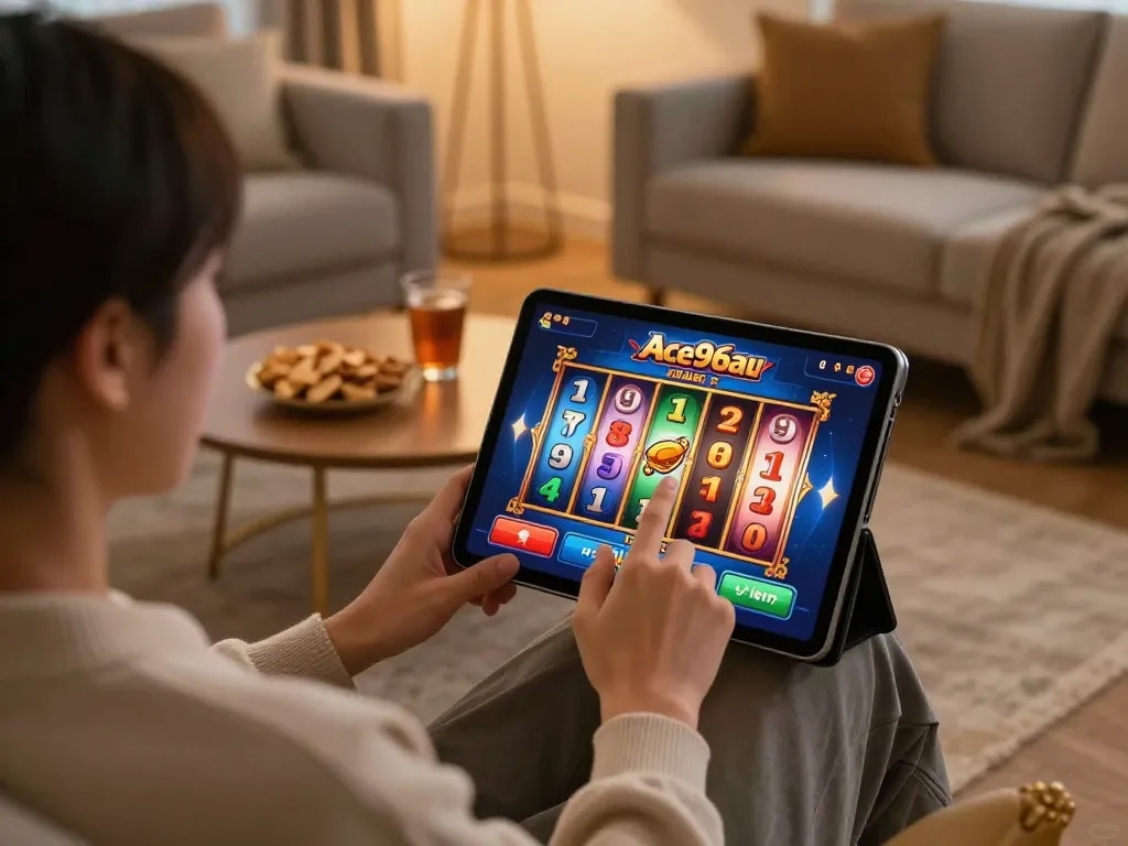 Player enjoying Ace96au slot games on tablet in a cozy living room setting.