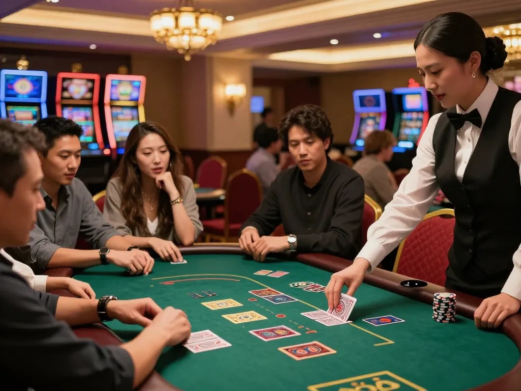 Players at a blackjack table strategizing their bets in an upscale casino, embodying the excitement of mb668 gaming.