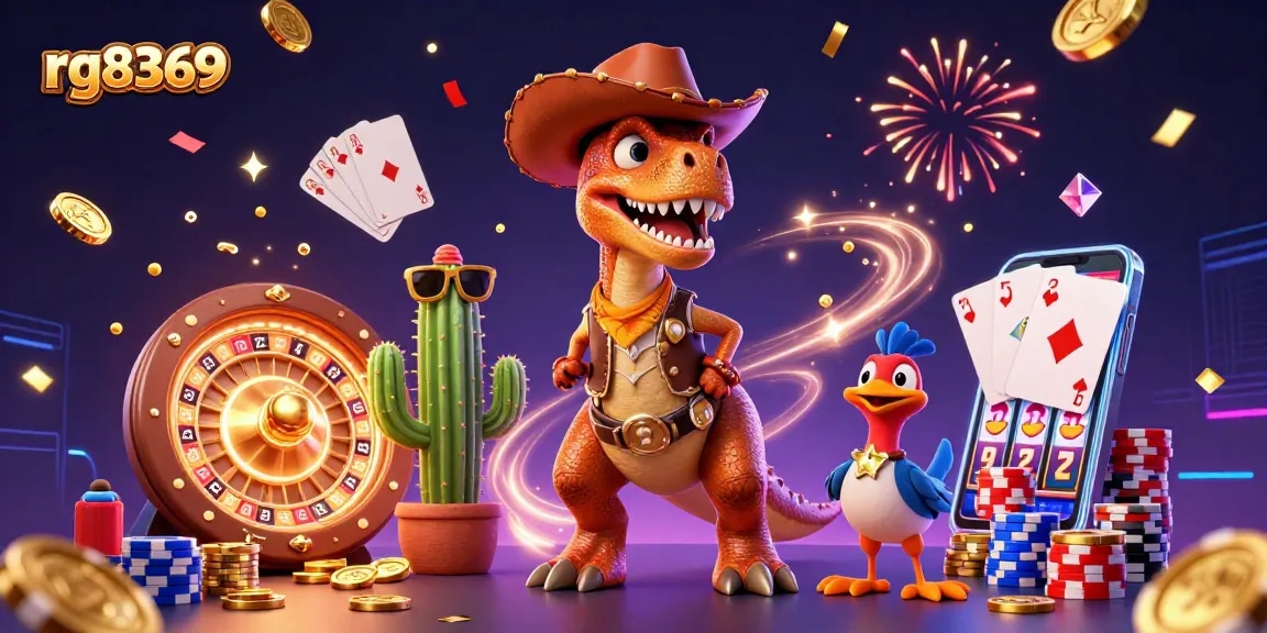 Experience thrilling gaming with rg8369 featuring a vibrant scene of a cowboy T-Rex and friends in a casino!