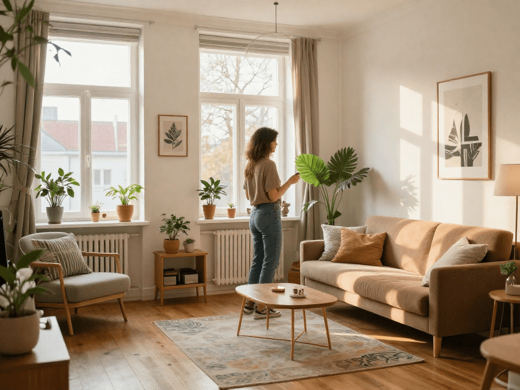 Moderne Monteurwohnung Hannover mit hellem Wohnraum, großen Fenstern und einladender Atmosphäre.